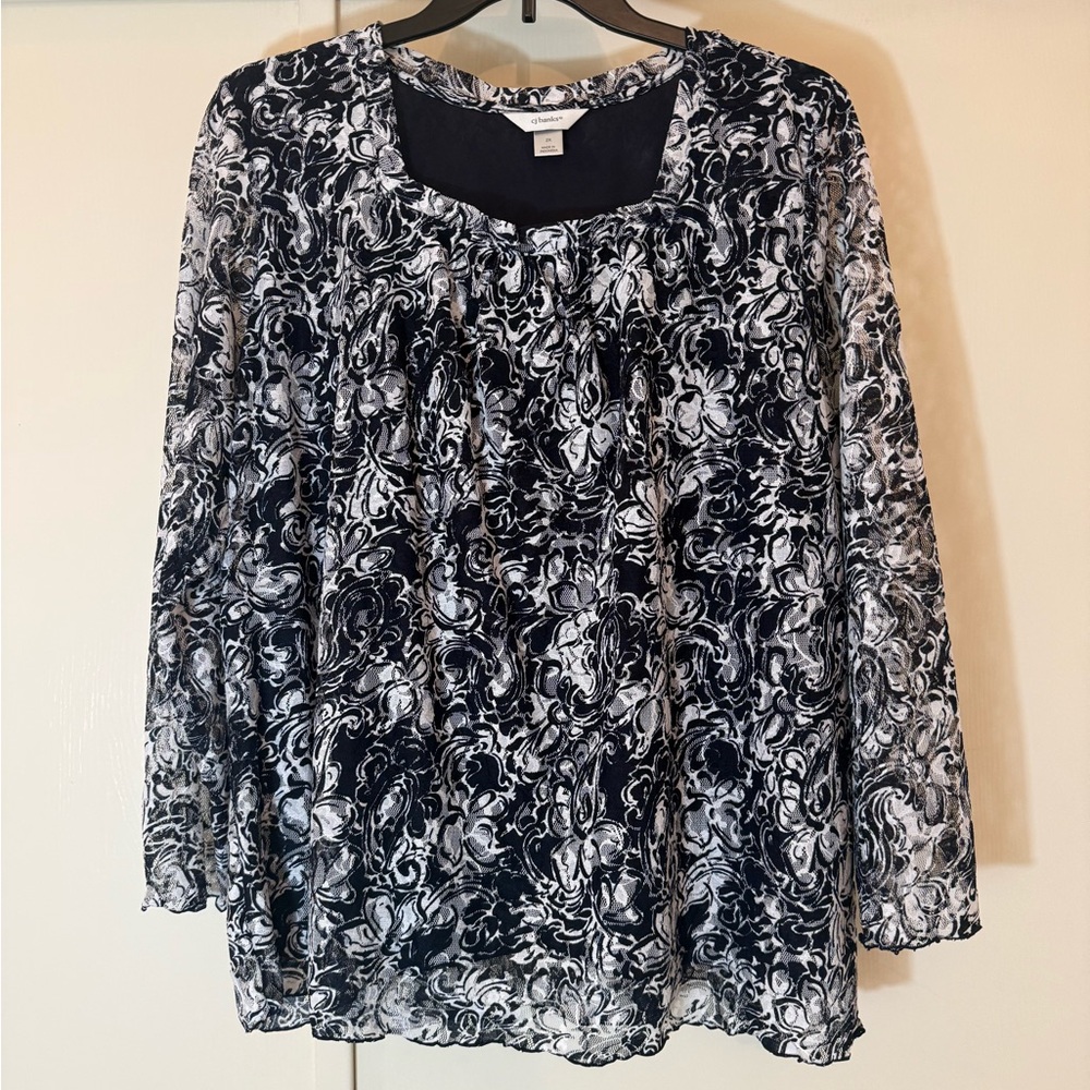 CJ Banks navy and White Floral Blouse
